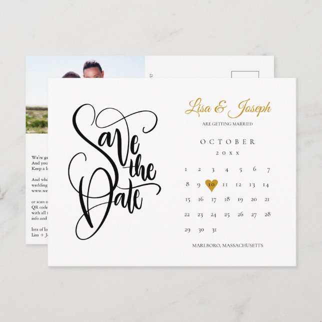 Save the Date Herzkalender Foto QR-Code Ankündigungspostkarte (Vorne/Hinten)
