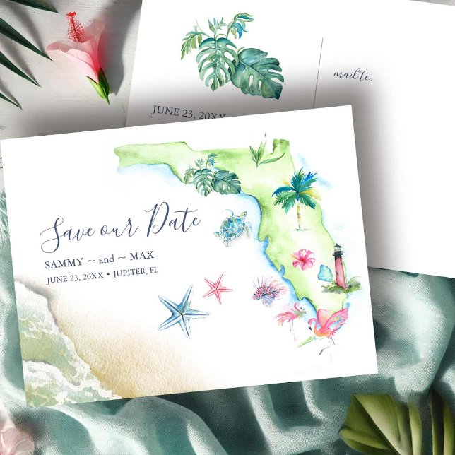 Save the Date Hochzeit in Urlaubsort Florida Postk Postkarte (save the date postcards features Florida map destination wedding art by Victoria Grigaliunas)