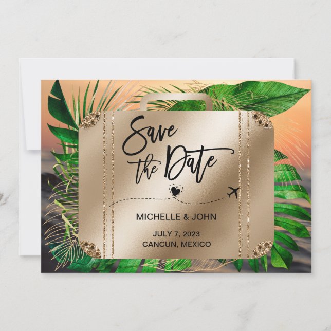 Save the Date Hochzeit in Urlaubsort Reisekoffer (Vorderseite)