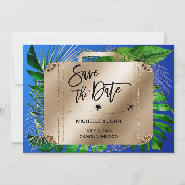 Save the Date Hochzeit in Urlaubsort Reisekoffer (Vorderseite)
