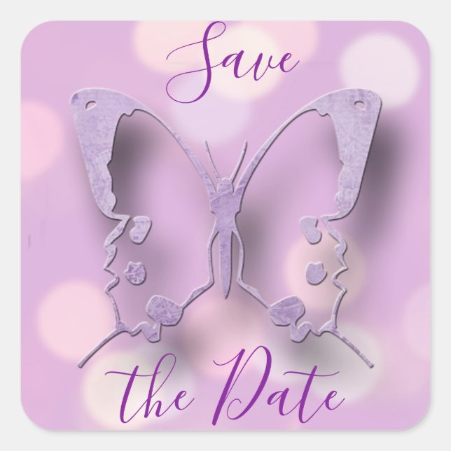 Save the Date Hochzeit Lila Schmetterlinge Quadratischer Aufkleber (Vorderseite)
