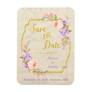 Save the Date Hochzeit mit Blumen und Gold Magnet
