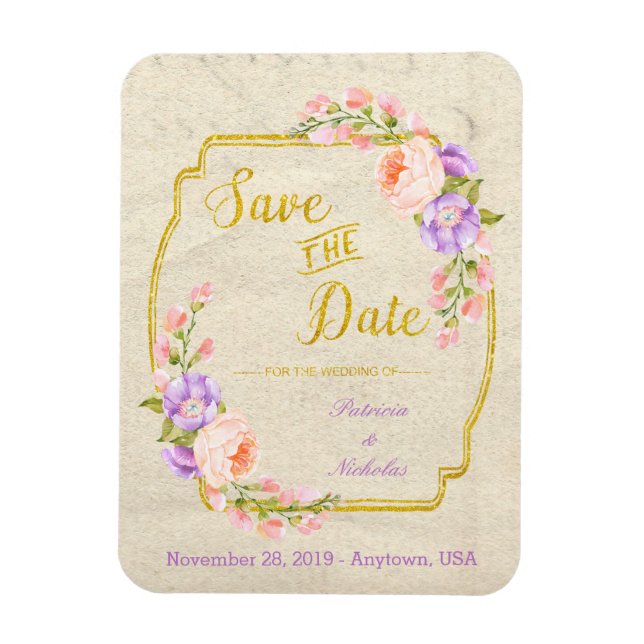 Save the Date Hochzeit mit Blumen und Gold Magnet (Vertikal)