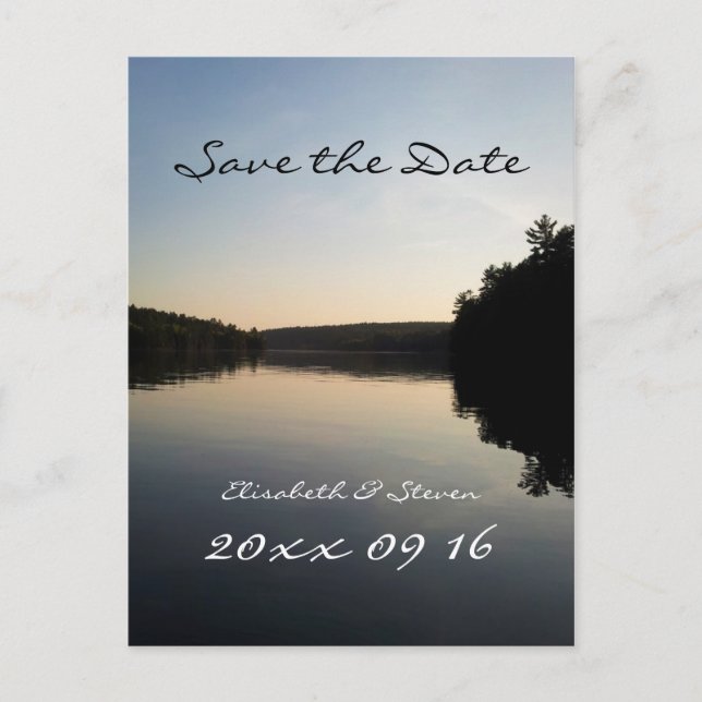 Save the Date Hochzeit Postkartensee bei Sonnenunt Ankündigungspostkarte (Vorderseite)