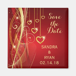 Save the Date Hochzeit Romantische Red Gold Hearts Magnet