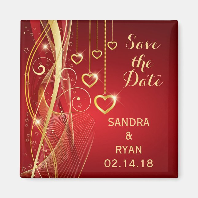 Save the Date Hochzeit Romantische Red Gold Hearts Magnet (Vorne)