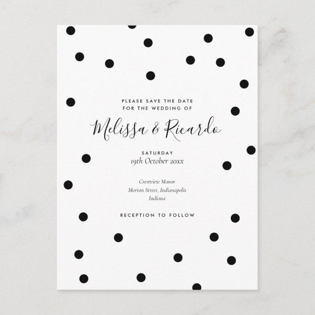 Save the Date Hochzeit Schwarz-Weiß-Polka-Punkte Postkarte (Vorderseite)