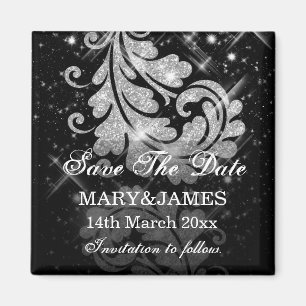 Save the Date Hochzeit Silver Glitzer Floral Wirbe Magnet