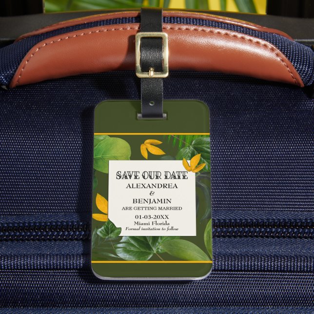 Save the Date Hochzeit tropischer Palmen Gepäckanhänger (Vorderseite Insitu 2)
