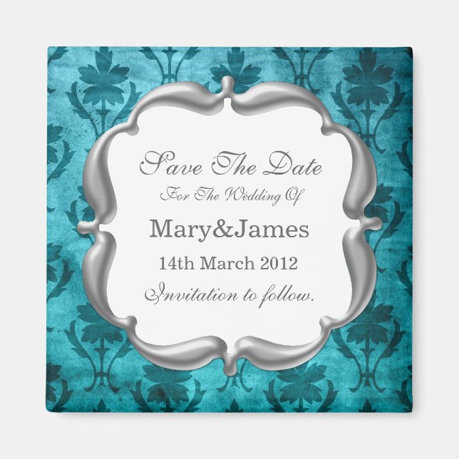 Save the Date Hochzeit Vintages Blumenmuster Blau Magnet (Vorne)