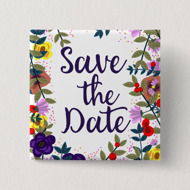 Save the Date Hochzeit Vintages Blumenriff Button (Vorderseite)