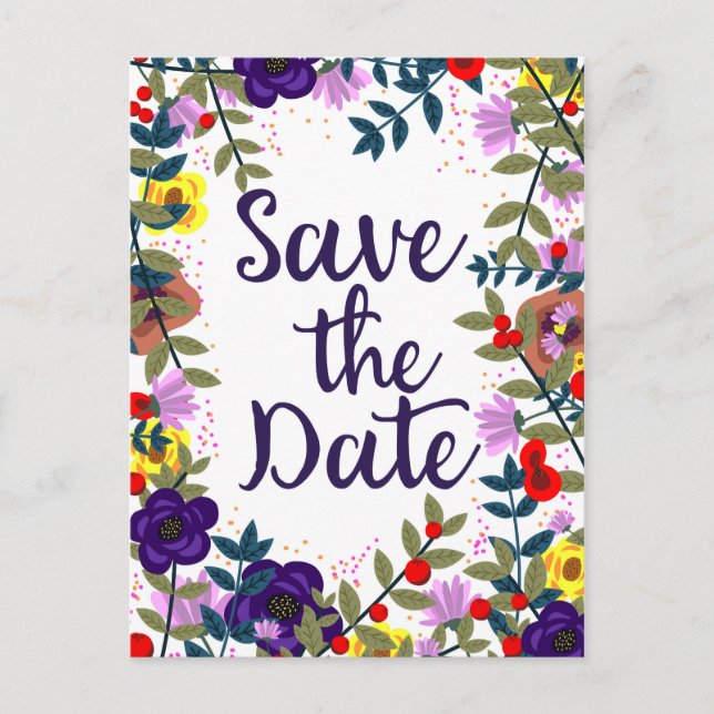 Save the Date Hochzeit Vintages Blumenriff Postkarte (Vorderseite)
