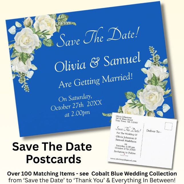 Save the Date - Hochzeit von Cobalt Blue & White R Ankündigungspostkarte (Von Creator hochgeladen)