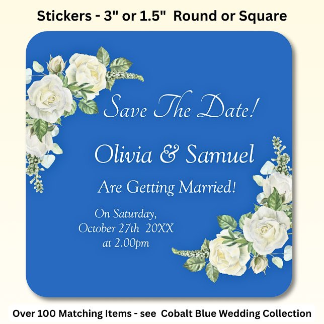 Save the Date - Hochzeit von Cobalt Blue & White R Quadratischer Aufkleber (Von Creator hochgeladen)