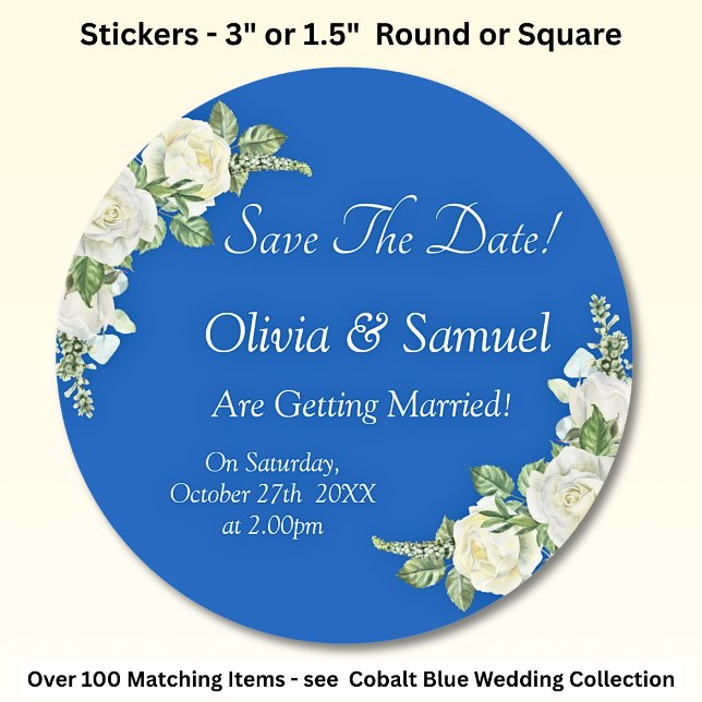 Save the Date - Hochzeit von Cobalt Blue & White R Runder Aufkleber (Von Creator hochgeladen)