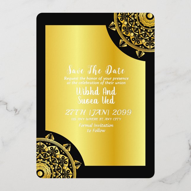 Save the Date Hochzeiten in Gold und Schwarz Folieneinladung (Vorderseite)