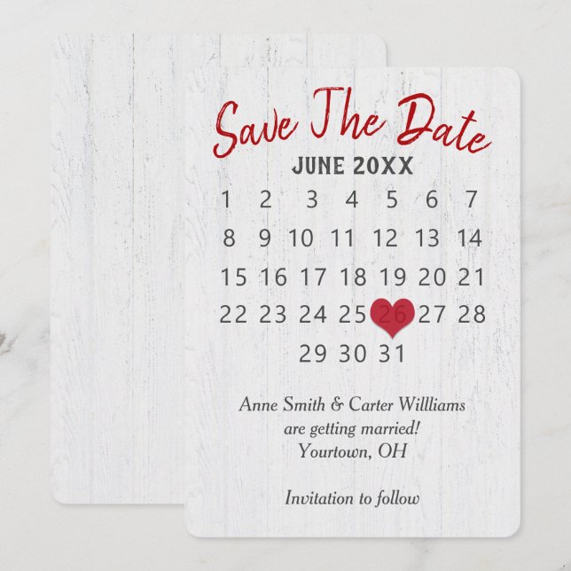 Save the Date Hochzeitkalender auf Holz Einladung (Vorne/Hinten)