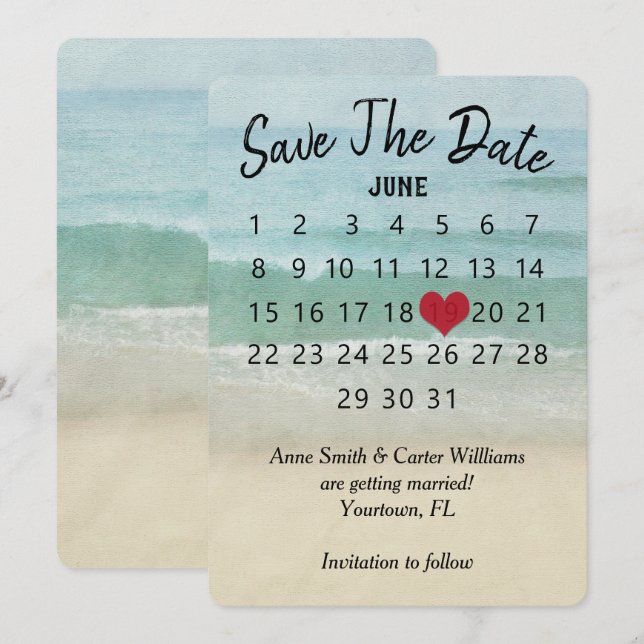Save the Date Hochzeitkalender Ocean Beach Einladung (Vorne/Hinten)