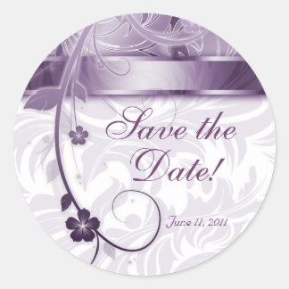 Save the Date Hochzeitskleber Lila Silberflora Runder Aufkleber