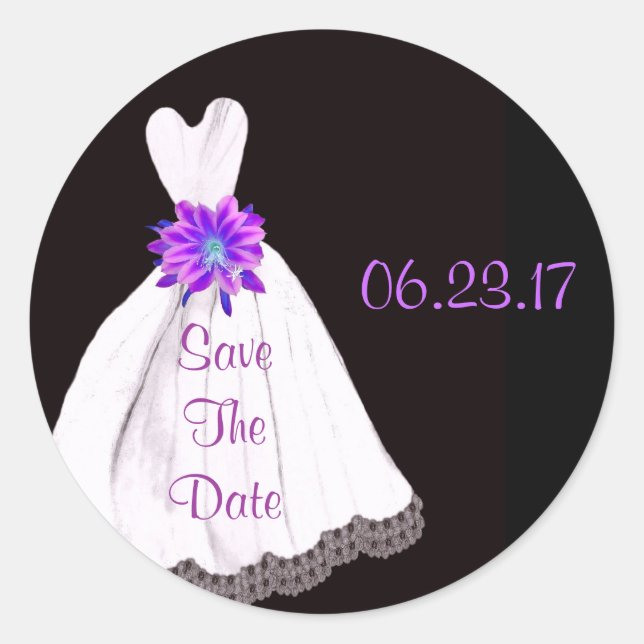 Save the Date - Hochzeitskleid mit LILA Bouquet Runder Aufkleber (Vorderseite)