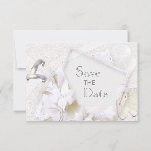 Save the Date Hochzeitsrings & Champagne Flutes (Vorderseite)