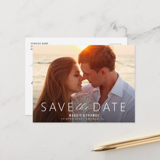 Save the Date Hochzeitsschrift Postkarte (Vorderseite/Rückseite Beispiel)