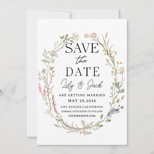 Save the Date Hochzeitsvorlage, elegante Wildblume (Vorderseite)