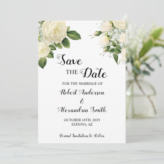Save the Date Hochzeitweiße Blume Einladung (Stehend Vorderseite)