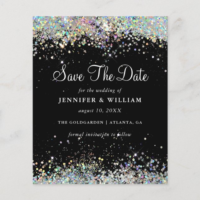 Save the Date Holographic Glitzern Black Budget Flyer (Vorne)