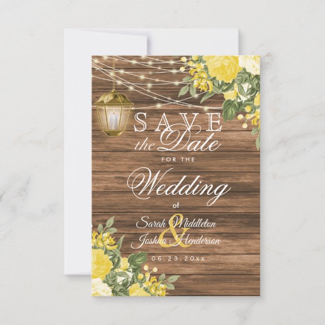 Save the Date Holz, Laternen und Gelbe Blume (Vorderseite)