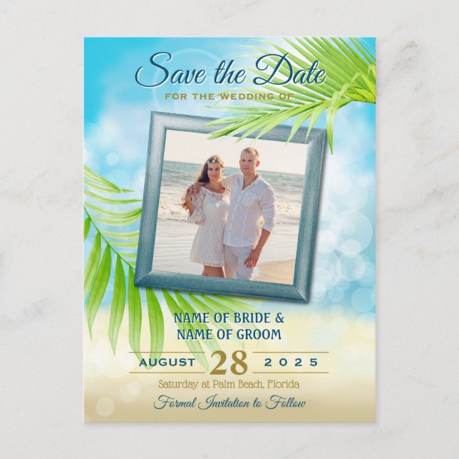 Save the Date Ihr Foto Beach Wedding Palm Blätter Ankündigungspostkarte (Vorderseite)