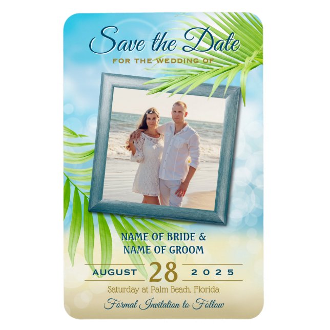 Save the Date Ihr Foto Beach Wedding Palm Blätter Magnet (Vertikal)