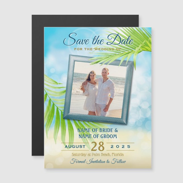 Save the Date Ihr Foto Beach Wedding Palm Blätter Magneteinladung (Vorne/Hinten)