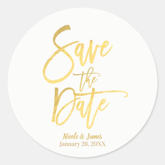Save the Date Imitate Gold Foil Moderne Skriptfavo Runder Aufkleber (Vorderseite)