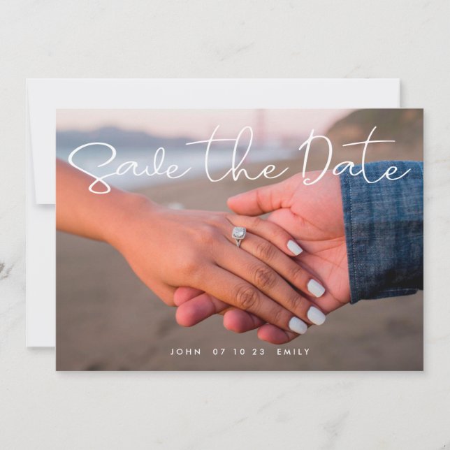 Save the Date in White Handwriting 2 Foto Ankündigung (Vorderseite)