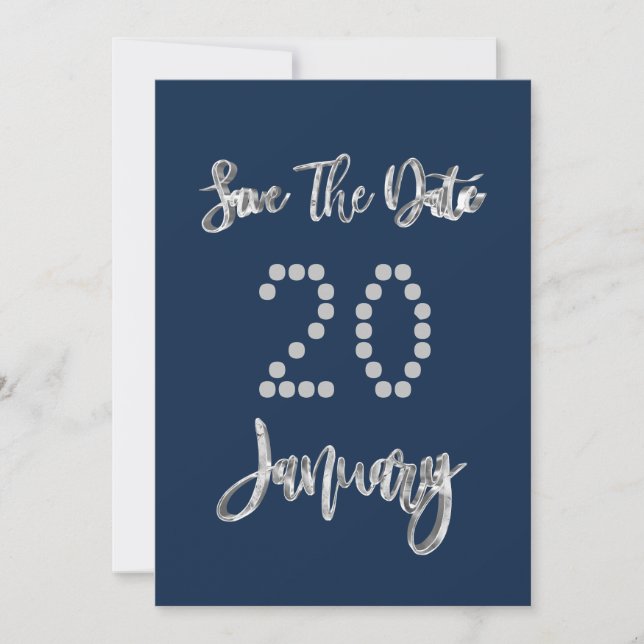 Save the Date Januar Navy Blue Silver Grau Script (Vorderseite)
