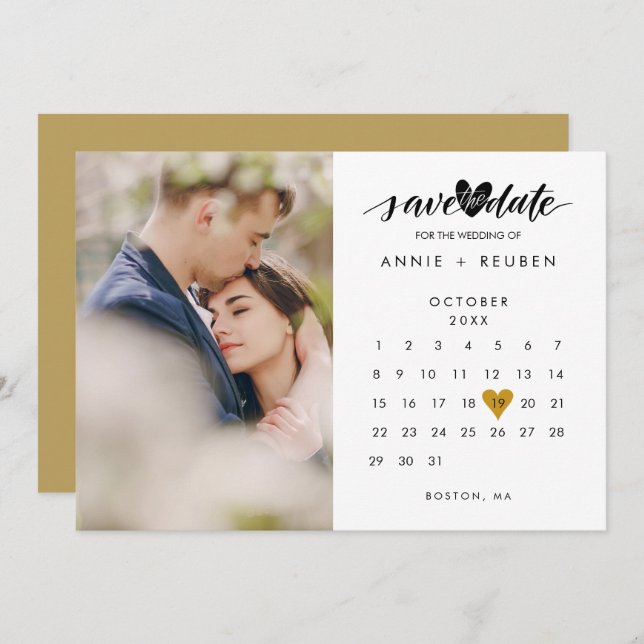 Save the Date Kalender Chic Gold Liebe Herzstück F Einladung (Vorne/Hinten)