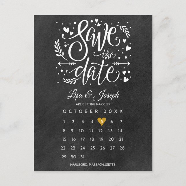 Save the Date Kalender Gold Herzklammer Postkarte (Vorderseite)