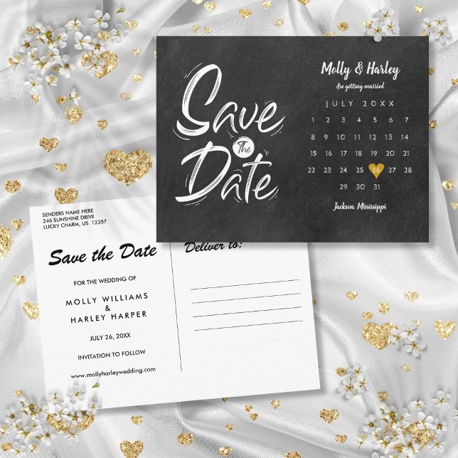 Save the Date Kalender Gold Herzklammer Postkarte (Save the Date Calendar Gold Heart Chalkboard Postcard)