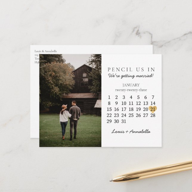 Save the Date Kalender Gold Herzstück Jan 2023 Mon Postkarte (Vorderseite/Rückseite Beispiel)