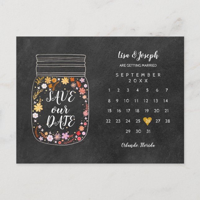 Save the Date Kalender Herz Mason Jar Chalkboard Ankündigungspostkarte (Vorderseite)