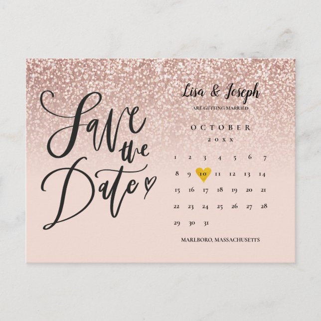 Save the Date Kalender QR Rose Gold Glitzer Ankündigungspostkarte (Vorderseite)