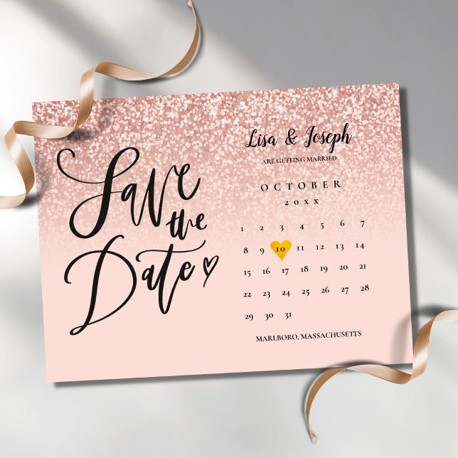 Save the Date Kalender Rose Gold Glitzer Ombre Ankündigungspostkarte (Von Creator hochgeladen)