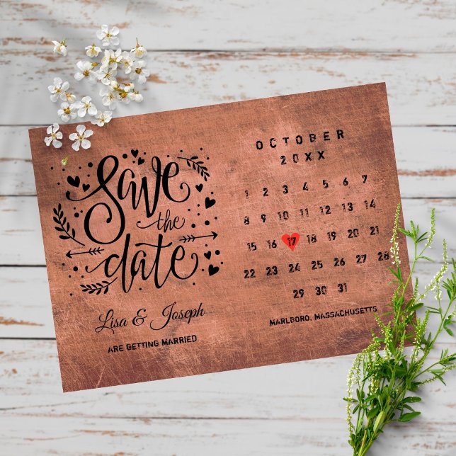 Save the Date Kalender Rote Liebe Herz Rustikales  Postkarte (Von Creator hochgeladen)
