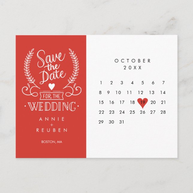 Save the Date Kalender Rote Liebe Herzkarte Postkarte (Vorderseite)