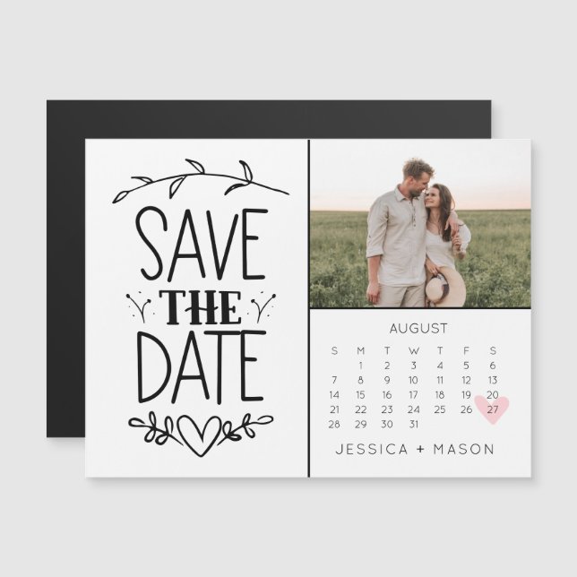 Save the Date Kalender Rustikal Gezeichnet Magnet (Vorne/Hinten)