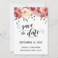 Save the Date Kalligraphie, Burgund, Rose mit Blüt