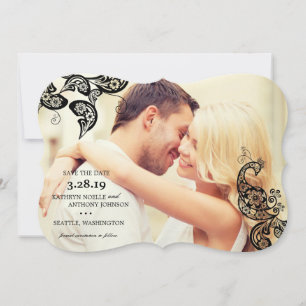 Save the Date-Karte des Black Boho Floral Peacock- Date