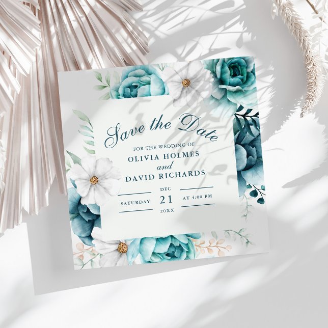Save the Date-Karte für aquamarine und Off-White-W Save The Date (Teal and Off-White Wildflowers Save The Date Card on a white boho table with dry palm leaf.)