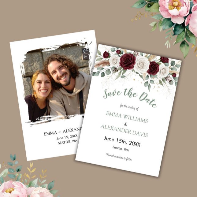 Save the Date-Karte für das blaue Foto des Speiche Save The Date (Sage Green Blush Floral Photo Save the Date Card)